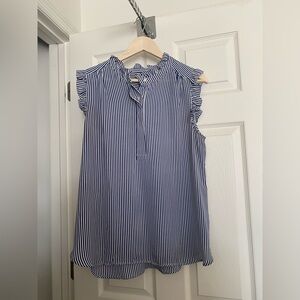 LOFT Navy and White Striped Ruffle Blouse Like New Size Large